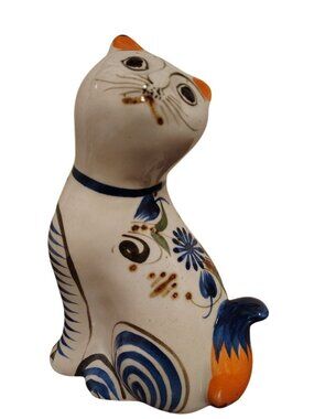 Tonala Mexican Pottery Cat Handpainted Signed, 6", Flower Floral Cute Kitten